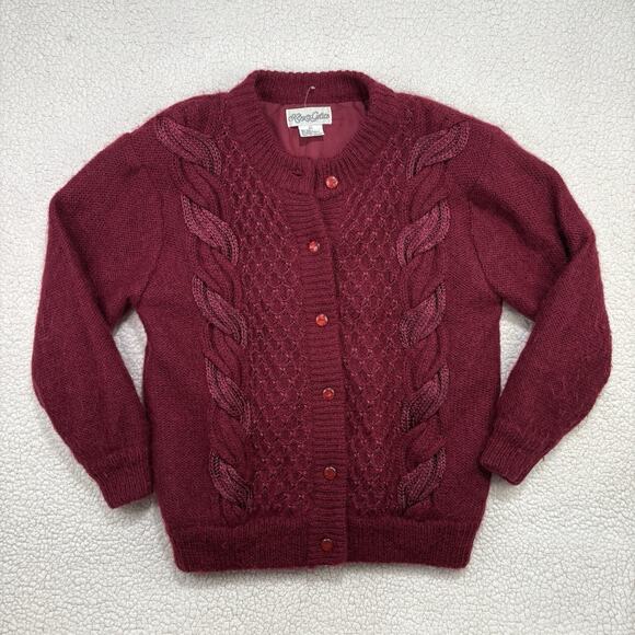 80s Maroon Wool Blend Cable Knit Cardigan Fisherman Sweater Alexa Grace Large - Picture 1 of 6